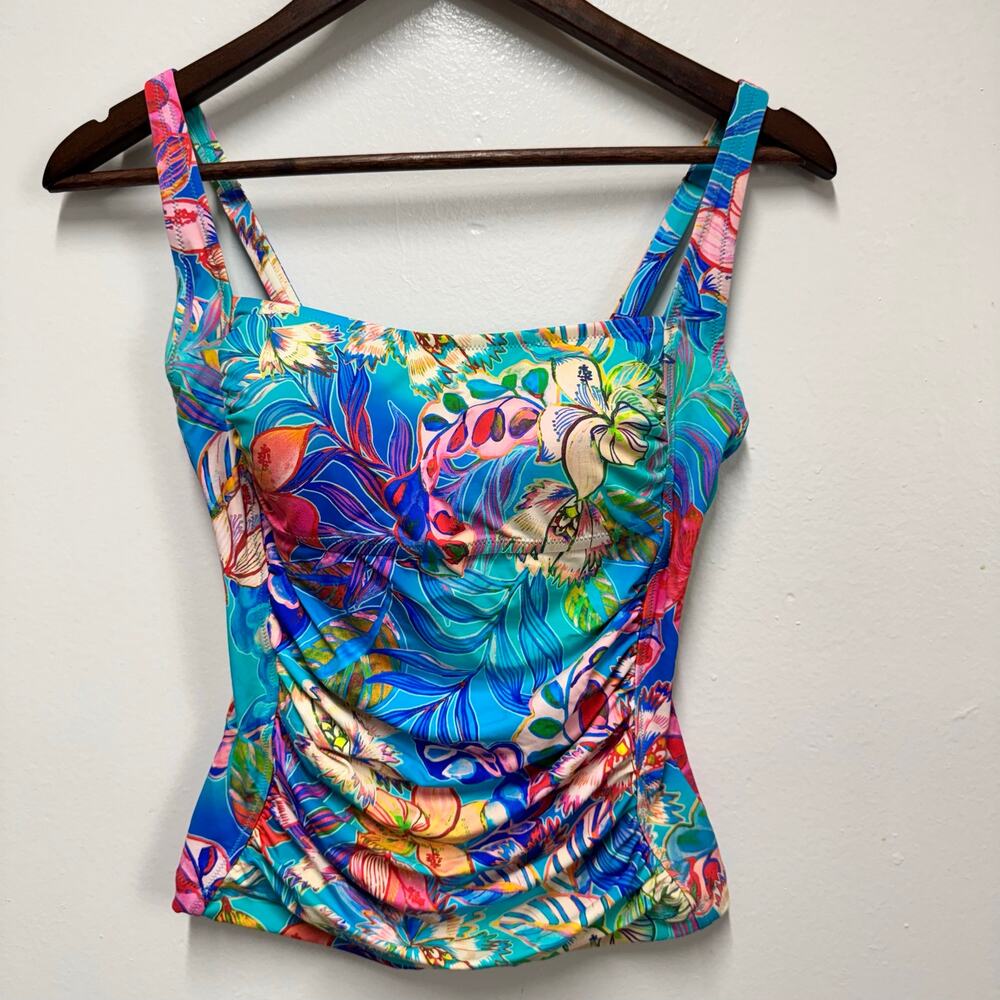 Johnny Was California Tankini Swim Top M Blue Tropical Floral Ruched Shelf Bra